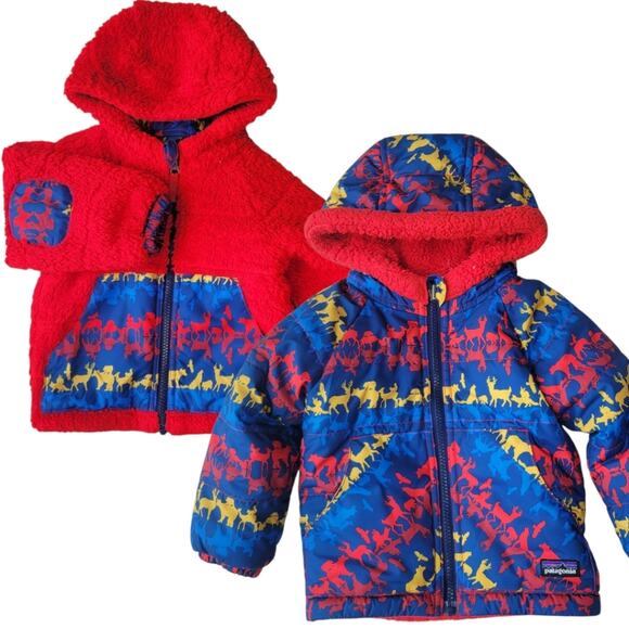 Patagonia Tribbles Reversible Jacket Coat Sherpa Fleece 12M Animal Print - Picture 1 of 8